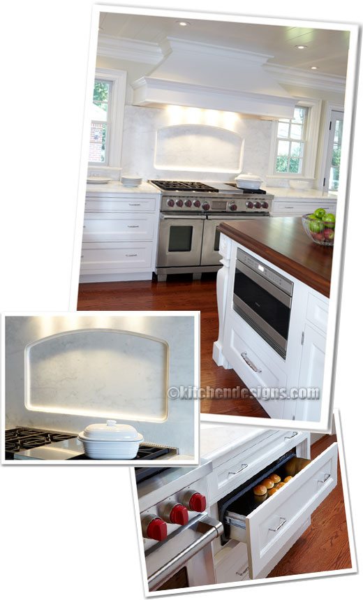 Elegant White Kitchen Photo of Wood-Mode Mantle Hood and Wolf Range - This kitchen is in Garden City Long Island by Designer Ken Kelly CKD