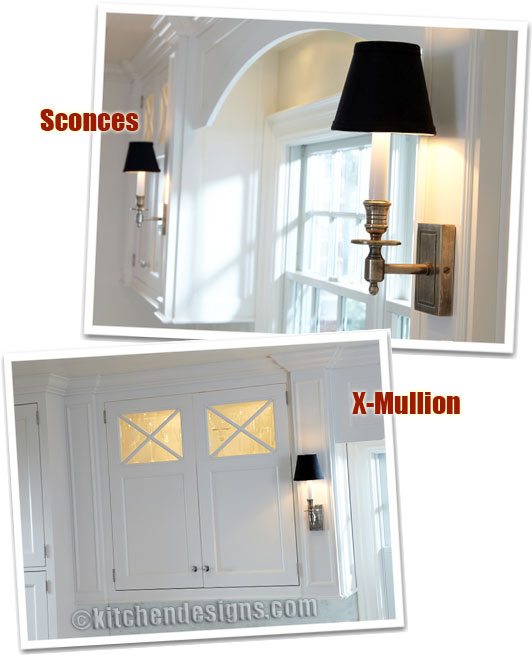 Elegant White Kitchen Photo of cabinet sconces in Garden City Long Island by Designer Ken Kelly CKD