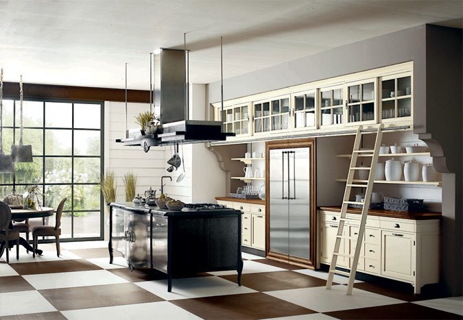 European Kitchen Design with stainless steel, kitchen ladder, and hideaway doors