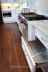 Kitchen Designs by Ken Kelly photo of the appliances in a white kitchen that is painted and has wood floors. Appliances included are Wolf and SubZero