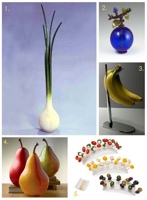 Obsessed with food art - scallion coat tree, art glass pears, banana holder, blueberry perfume bottle, and white arch for toothpicks appetizer display