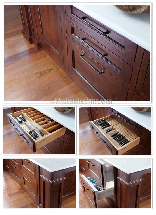 Kitchen Designs by Ken Kelly SubZero Wolf Refrigeration and Custom Cabinet Inserts for Organized Storage and Knife Block