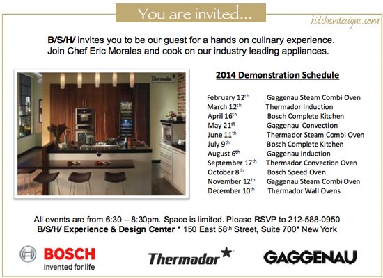 You are invited to a monthly cooking series invitation from B/S/H to learn how to cook on Thermador, Gaggenau, and Bosch appliances