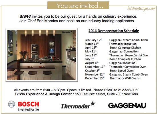 You are invited to a monthly cooking series invitation from B/S/H to learn how to cook on Thermador, Gaggenau, and Bosch appliances