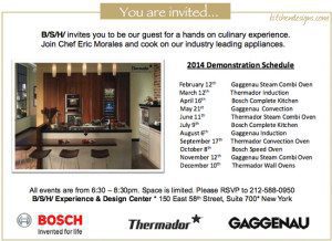 You are invited to a monthly cooking series invitation from B/S/H to learn how to cook on Thermador, Gaggenau, and Bosch appliances
