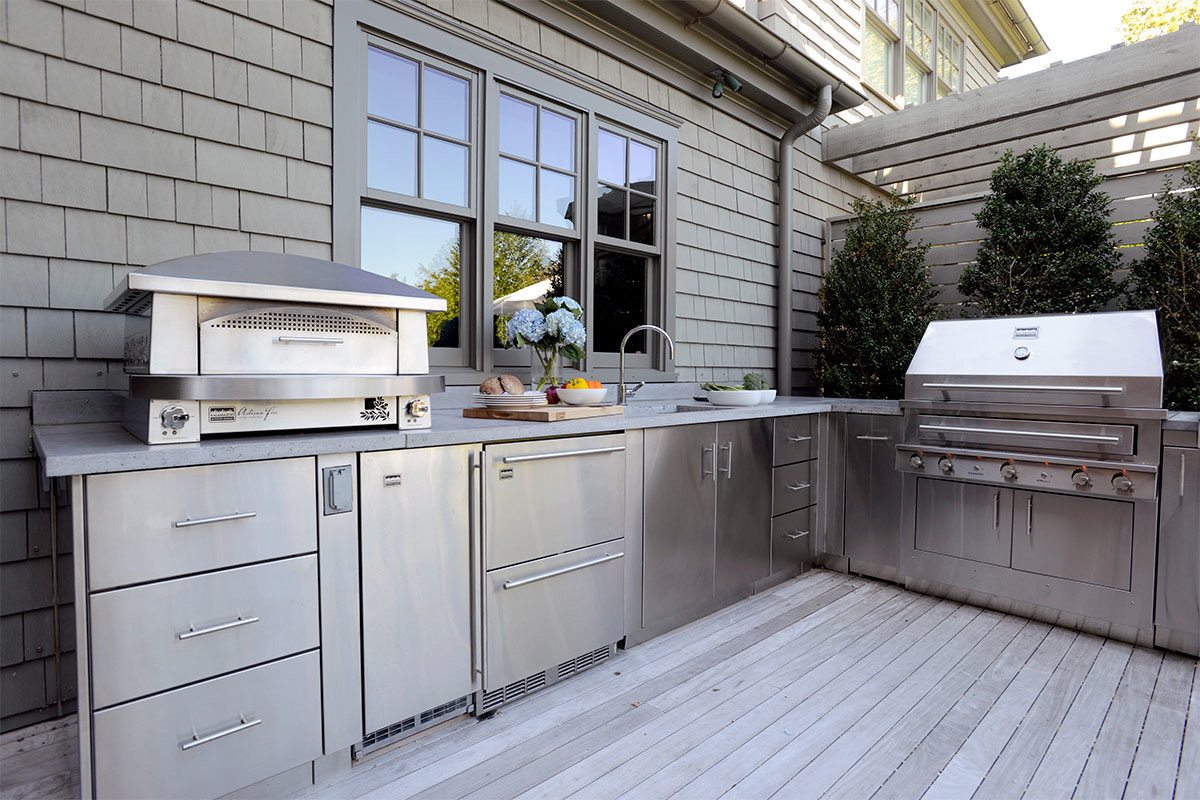 Weather-tight stainless steel cabinetry for outdoor kitchens