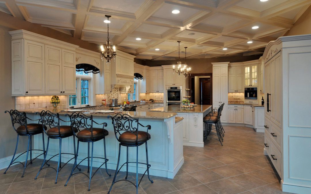 Elegant Long Island Kitchen Design For A Large Scale Room With Grand Ceiling Details