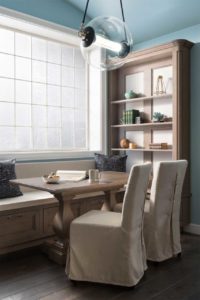 breakfast nook with open shelves