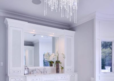 White Master Bathroom Vanity, Bathtub, Chandelier - Glen Head