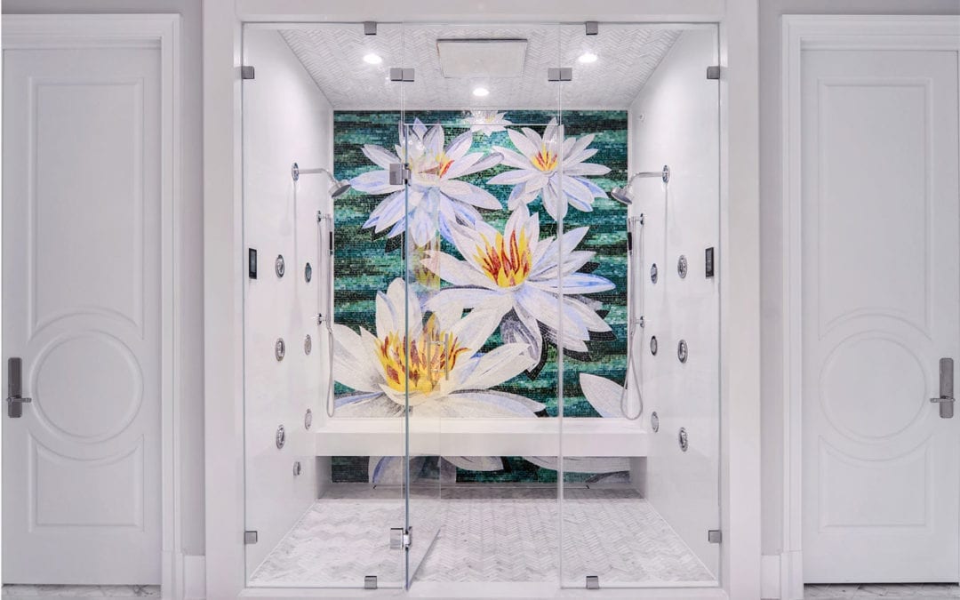 Luxury White Bathroom with Mosaic Tile Art
