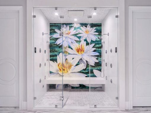 Luxury White Bathroom with Mosaic Tile Art