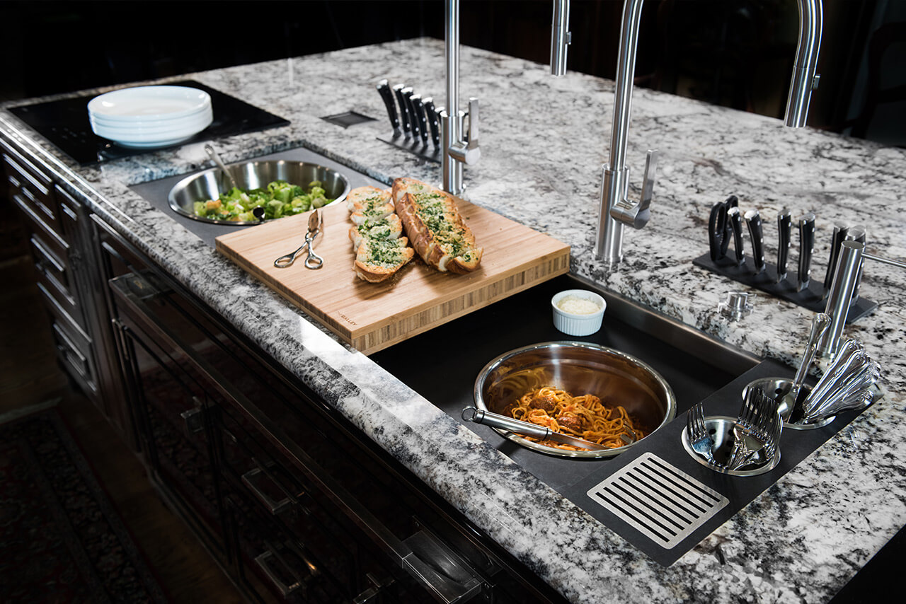 Galley Sink Serve at the IWS5S GT with Large Mixing Bowl and Natural Golden Bamboo Chef's Block