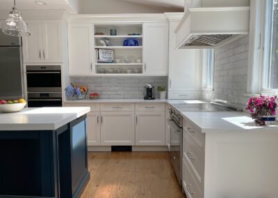 Kitchen sideway shot with walloven fridge and range