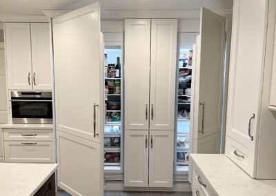White Kitchen Integrated refrigerator Panels Opened, Wall Oven