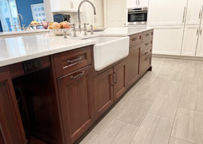 Kitchen Island Closeup, Island Electric Outlet, Farmhouse Fireclay Sink, Sliver Kitchen Faucet