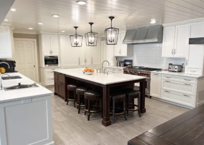Stainless Steel Range Hood, Stainless Steel Wolf Range, White Kitchen Backsplash Tiles, White Kitchen Countertop Island, Full Kitchen View